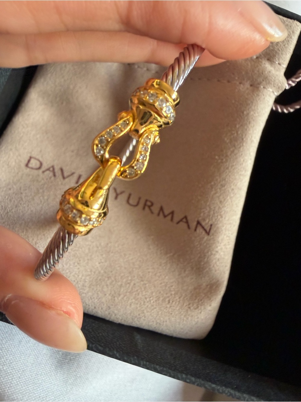 David Yurman Sterling Silver 18K Gold Diamond Cable Hook Bracelet Medium M Box - Picture 11 of 17